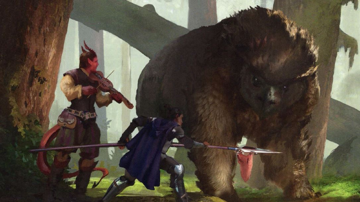 a polearm master feat user faces an owlbear