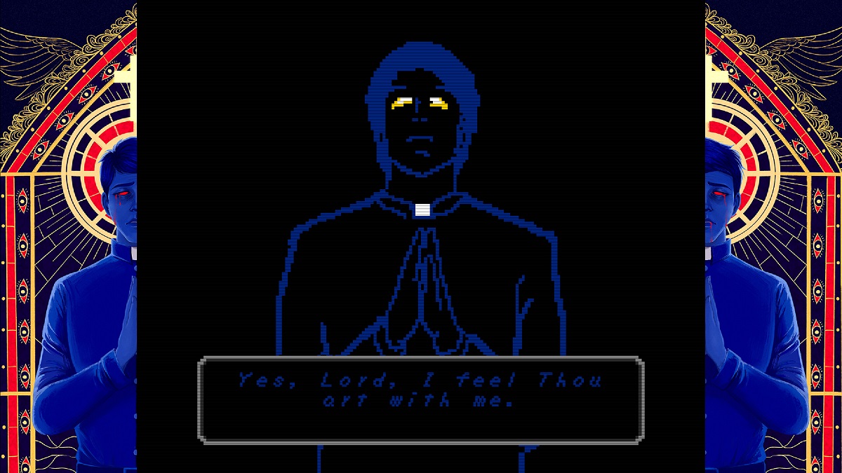 A pixelized priest praying in Faith: The Unholy Trinity