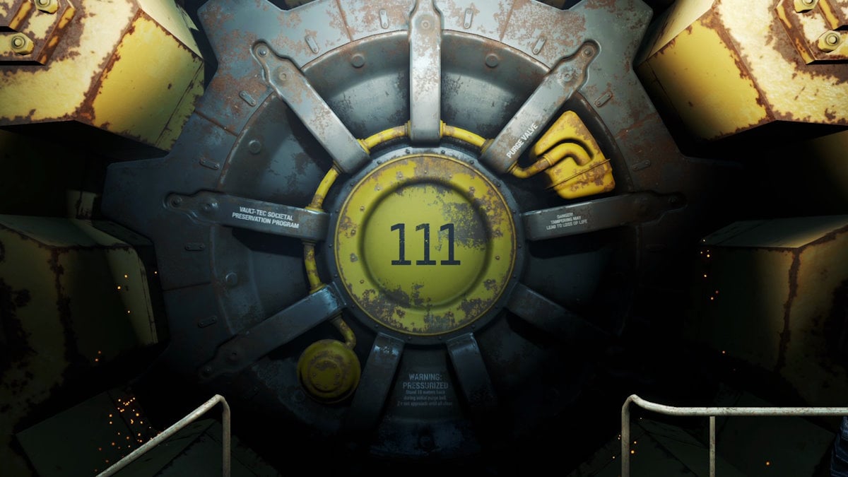 The metal door covering the entrance to Vault 111, the number visible in the center of the door.