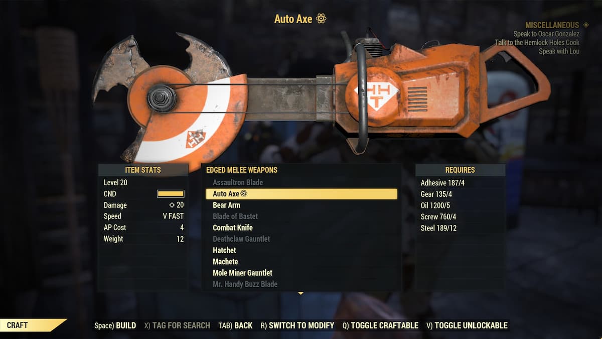 Auto Axe crafting requirements.