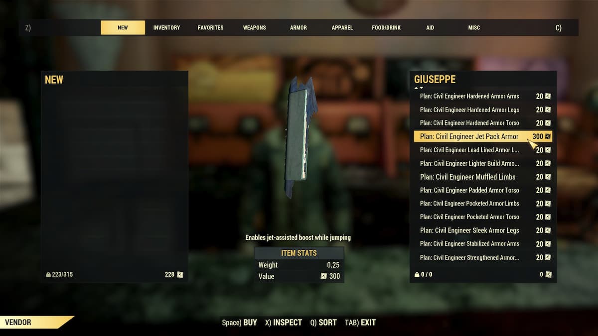 Civil Engineer Jet Pack plan in Giuseppe's Fallout 76 inventory.