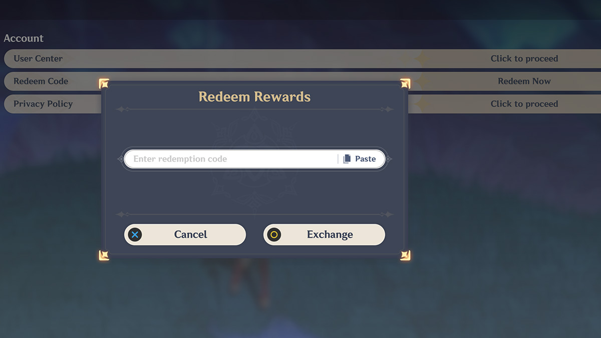 The Redeem Code menu in Genshin Impact