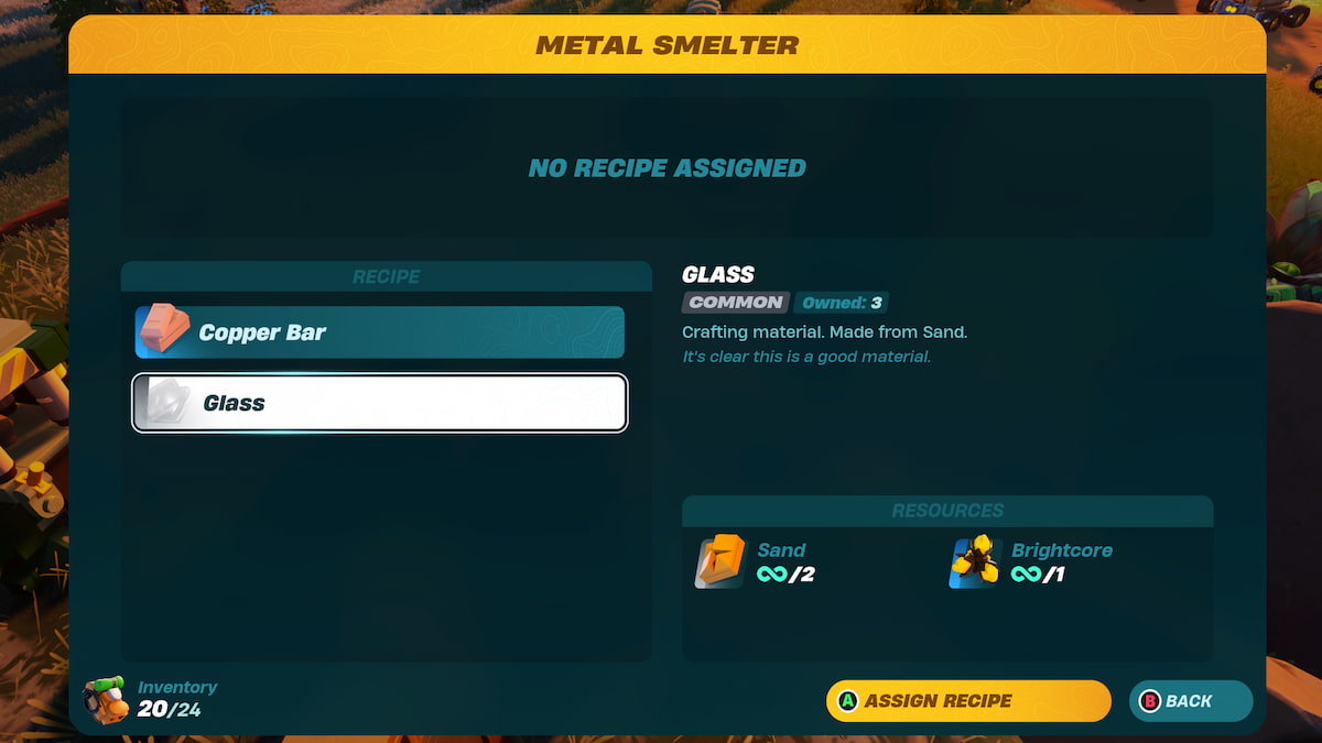 Metal Smelter menu with glass recipe selected, required ingredients shown on the bottom right