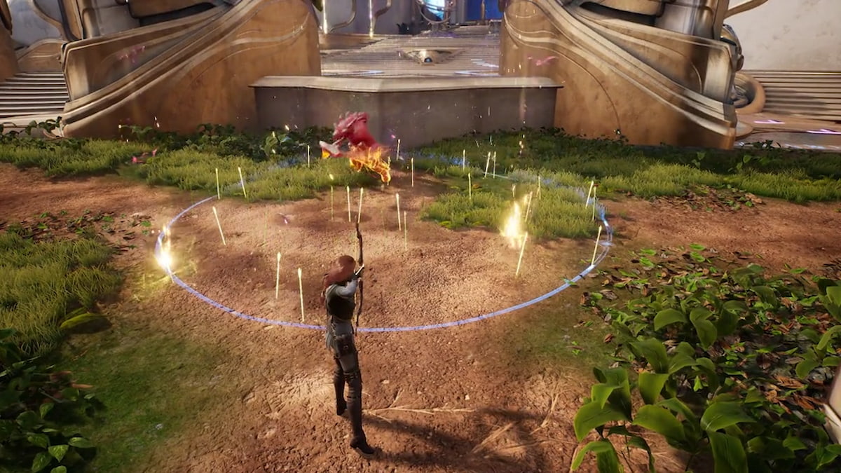 Sparrow using Hail of Arrows ability, a ring of arrows falling on the enemy and Sparrow pointing bow at them