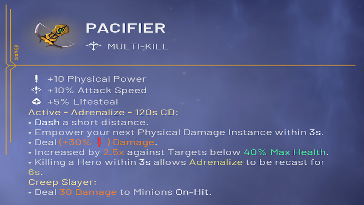 Item menu, pacifier item description and stats