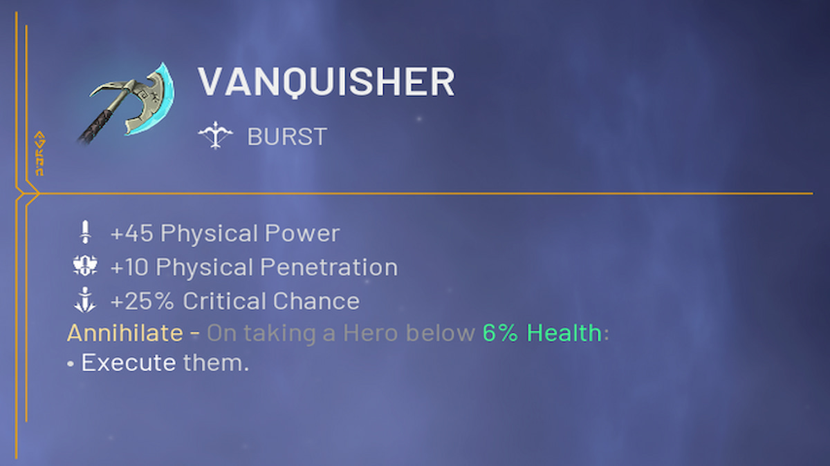 Item menu, vanquisher item details and stats