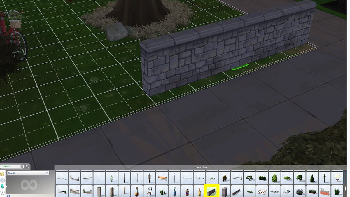 Stone wall debug item from selection of debug items