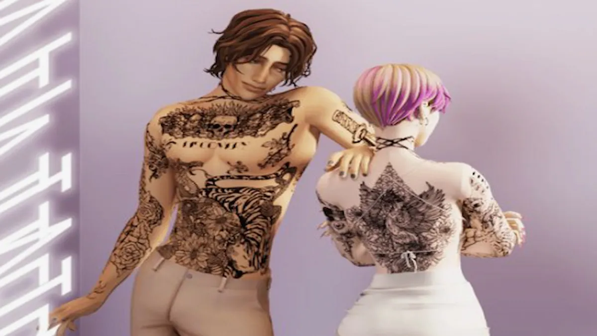 Guy and girl sim standing side by side, covered in tattoos