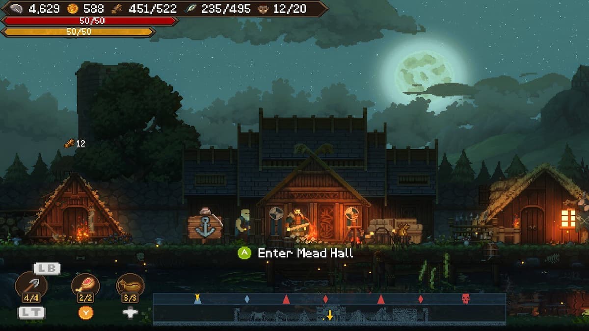 A Viking standing in front of the mead hall at night