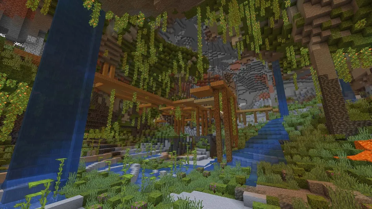 Lush cave mineshaft in Minecraft