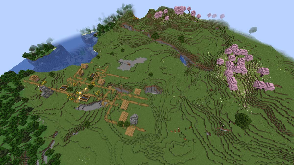 Tiny cherry grove village in Minecraft