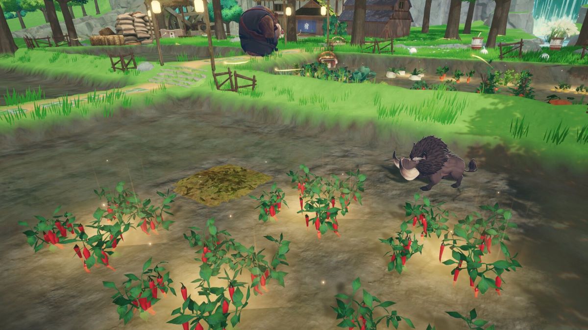 Player tends to fields using Wild Boar yokai form in Tales of Seikyu