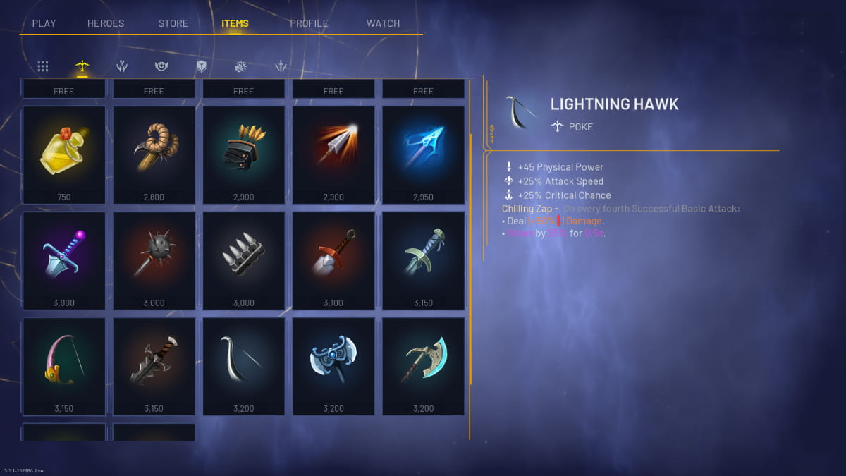 Lighting hawk in the item screen in Predecessor