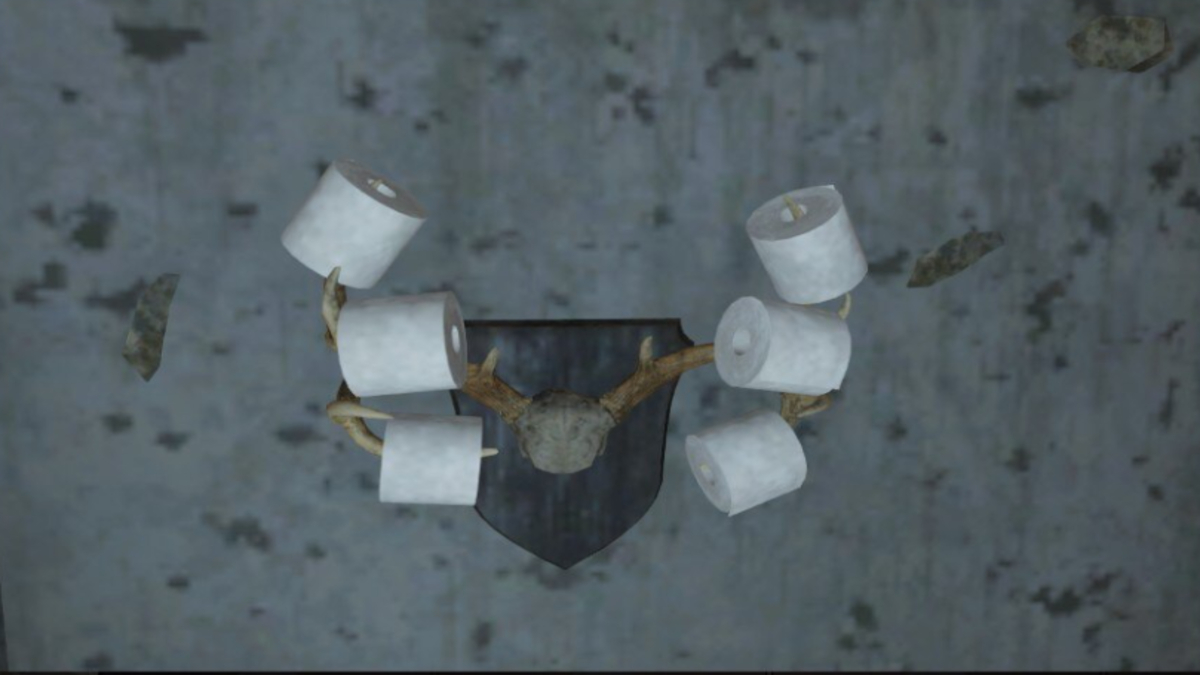 Finding six rolls of toilet paper handing on antlers in Van Lowe Taxidermy building in Lewisburg, Fallout 76.