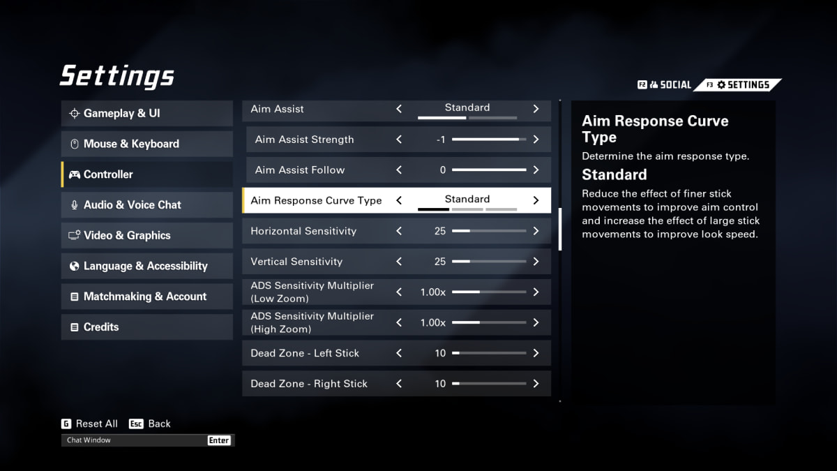 XDefiant Aim response curve settings