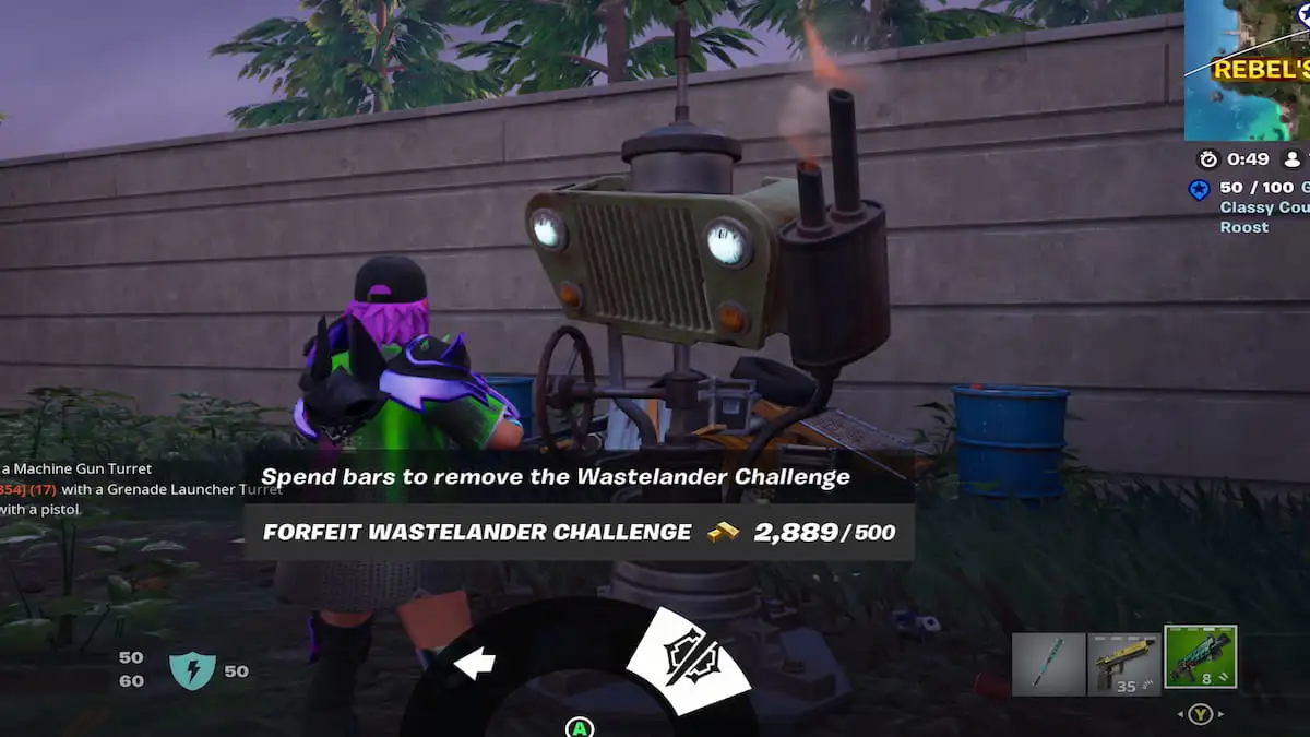 Cancelling a wastelander challenge at a Wasteland Beacon in Fortnite