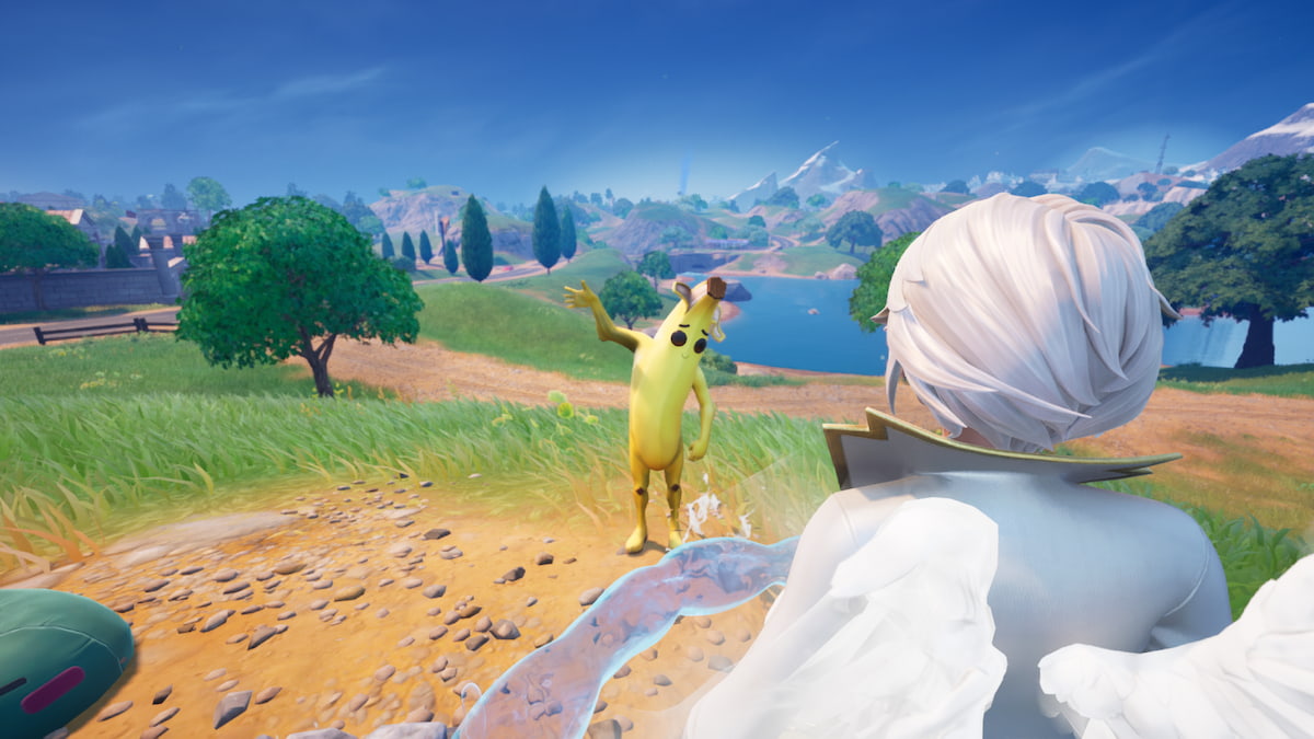 Player facing Peely a character with services who is waving in Fortnite