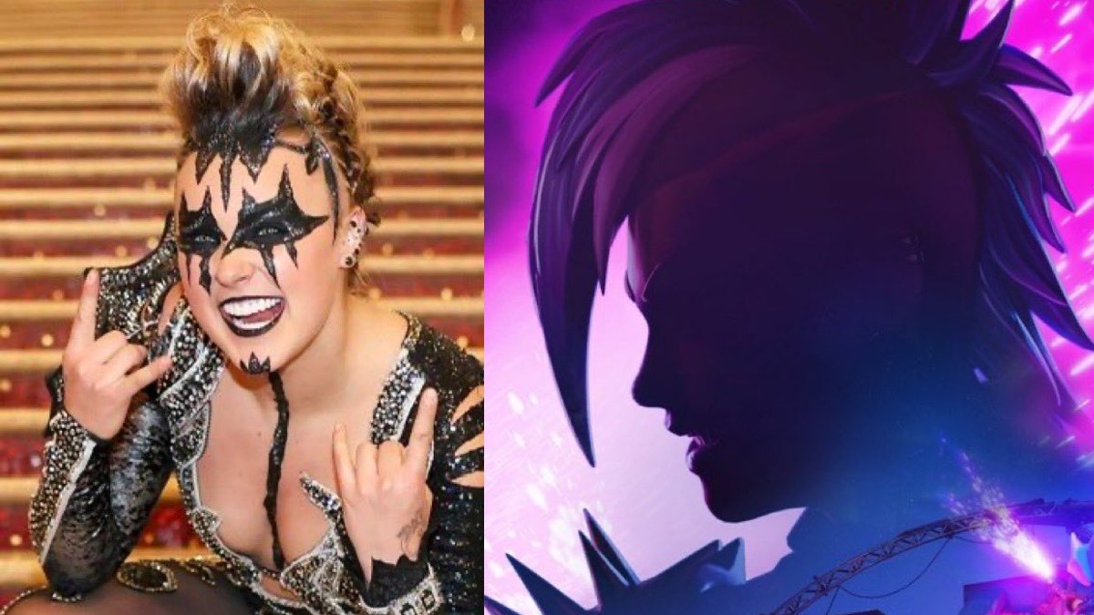 Side by side of JoJo Siwa and Fortnite silhouette teaser skin