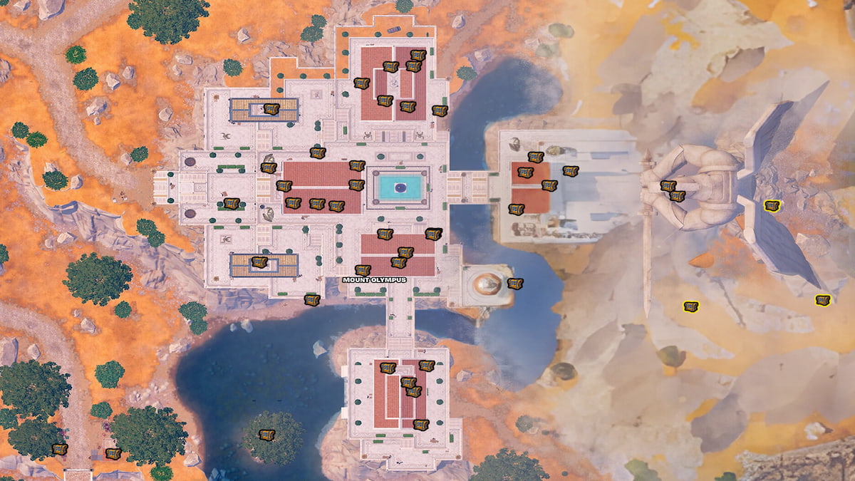 Fortnite Chapter 5 Season 2 map overview of Mount Olympus with all chest spawn locations