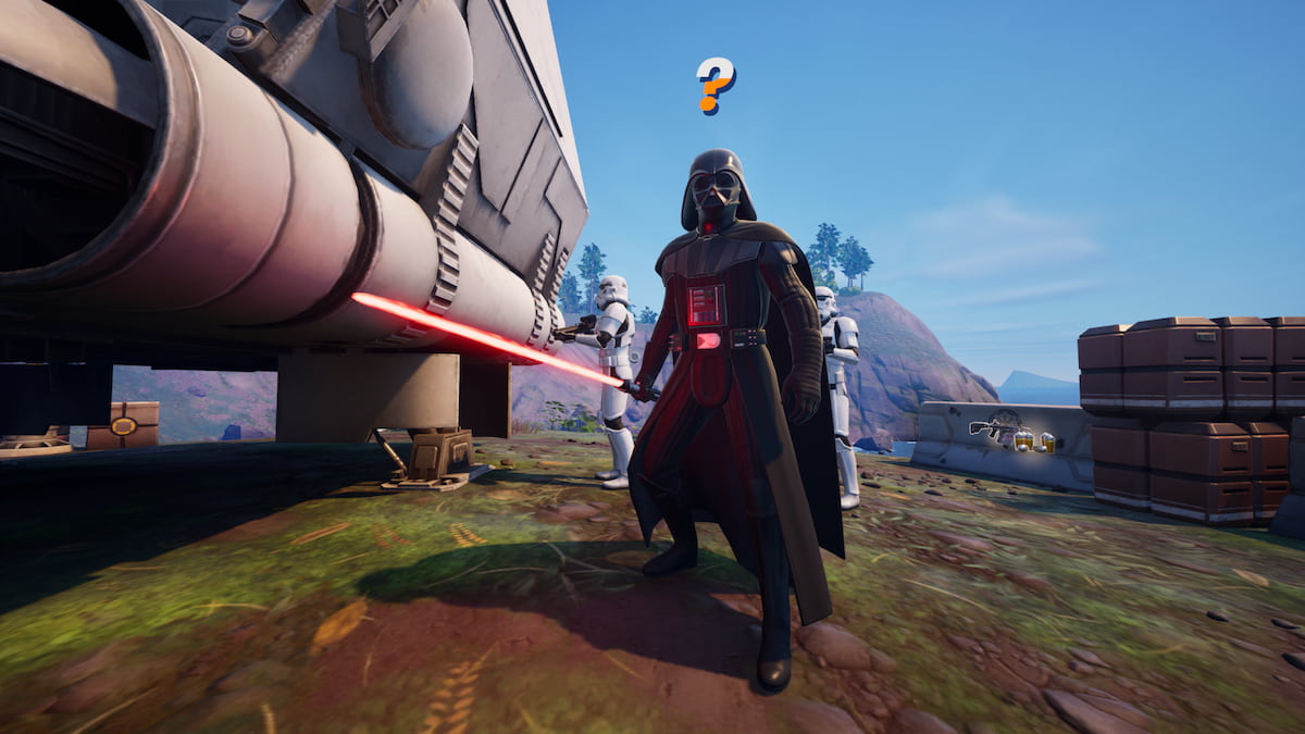 Darth Vader detecting nearby player, standing next to ship and Stormtroopers