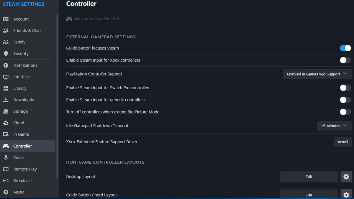Gamepad controller settings in Steam
