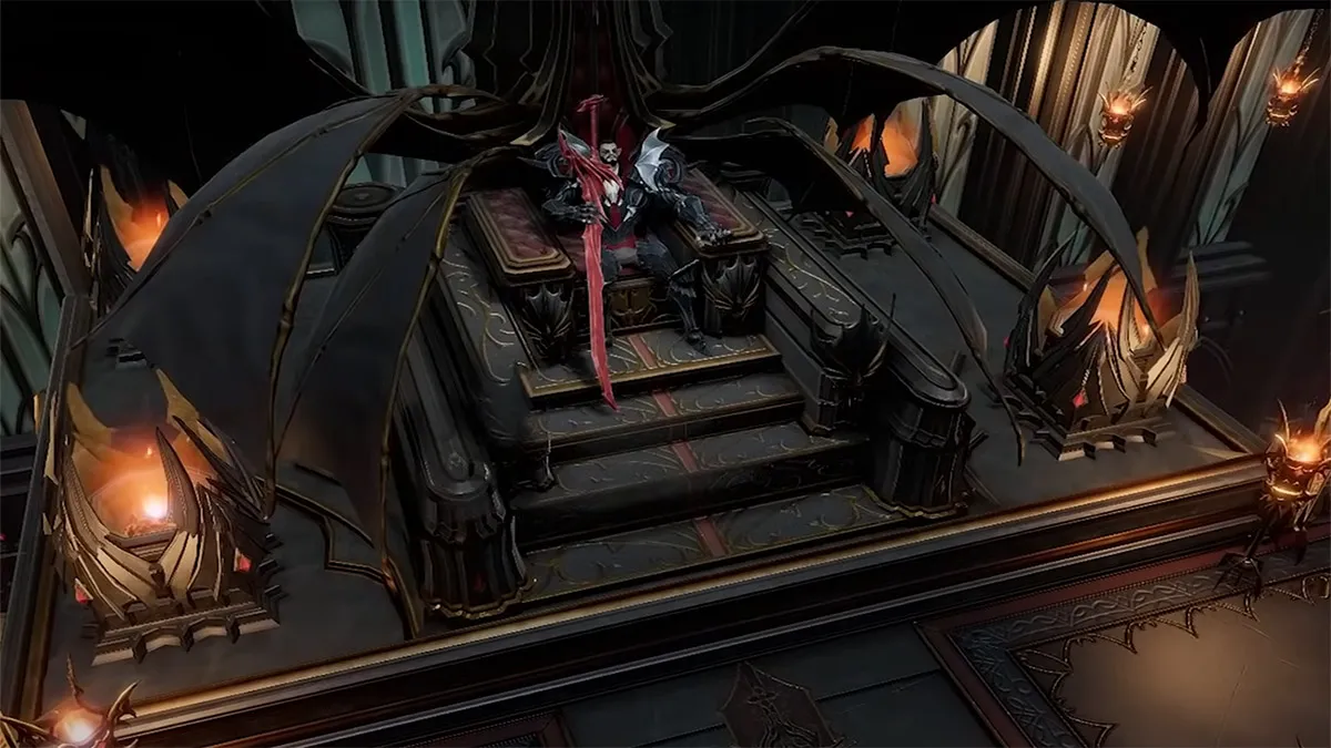 dracula sitting on his throne in the ruins of mortium in v rising