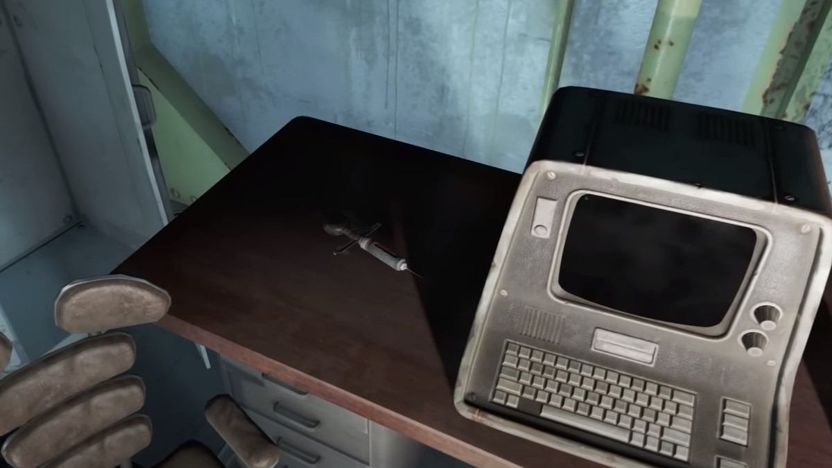 A stimpak resting on a desk in Fallout.