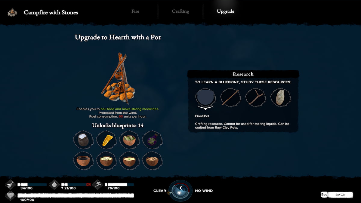 Upgrade page for campfires with research materials needed