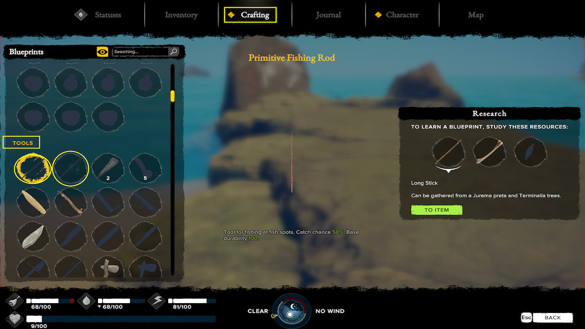 Crafting menu with Primitive Fishing Rod and Improved Fishing Rod recipes in Survival: Fountain of Youth