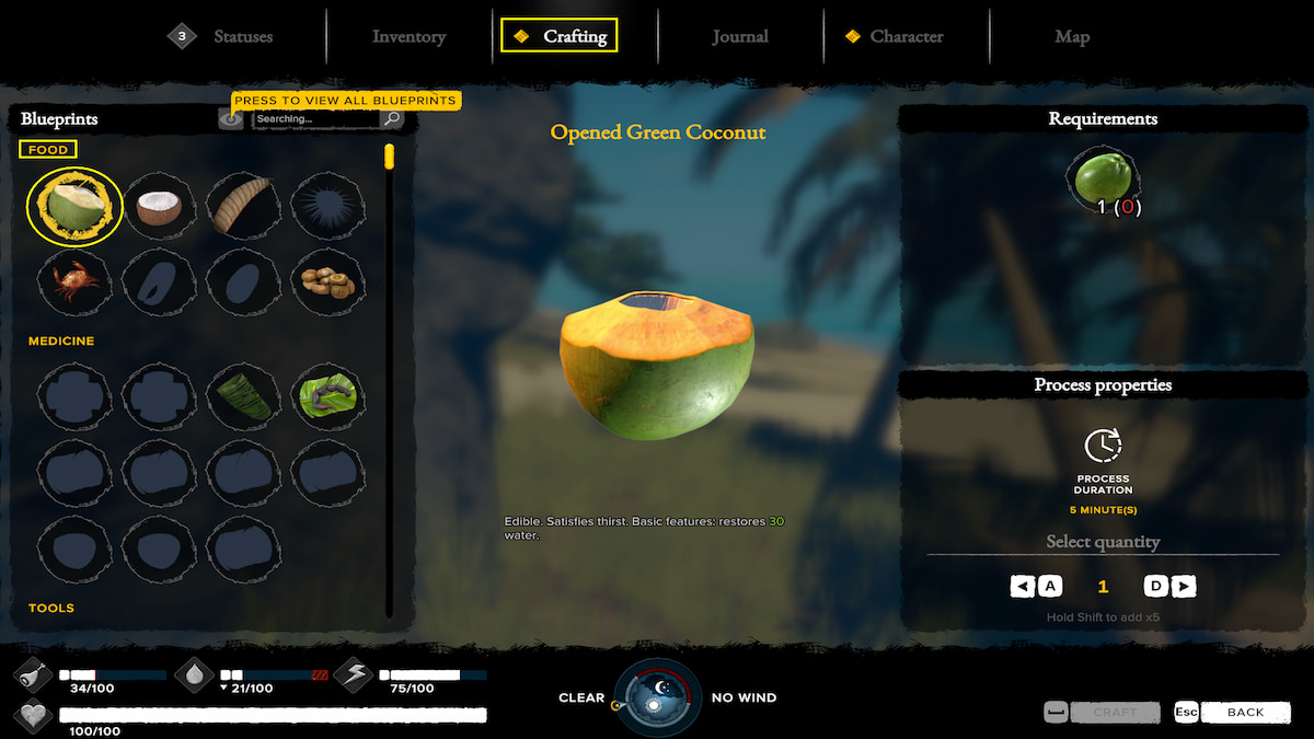 Crafting Opened Green Coconuts with coconuts in Survivial: Fountain of Youth