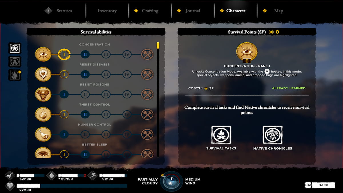 Character menu with survival skills, concentration skill unlocked in Survival: Fountain of Youth