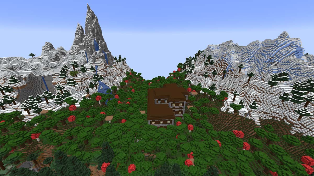 Woodland mansion between two mountains in Minecraft