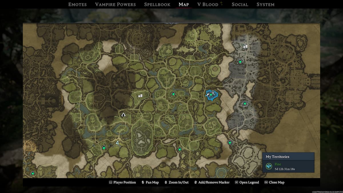 Map of Dunley Farmlands and Ruins of Mortium regions in V Rising.