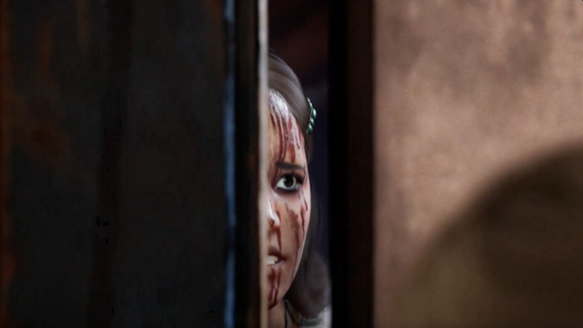 Maria Flores peeking behind a door in The Texas Chain Saw Massacre game.