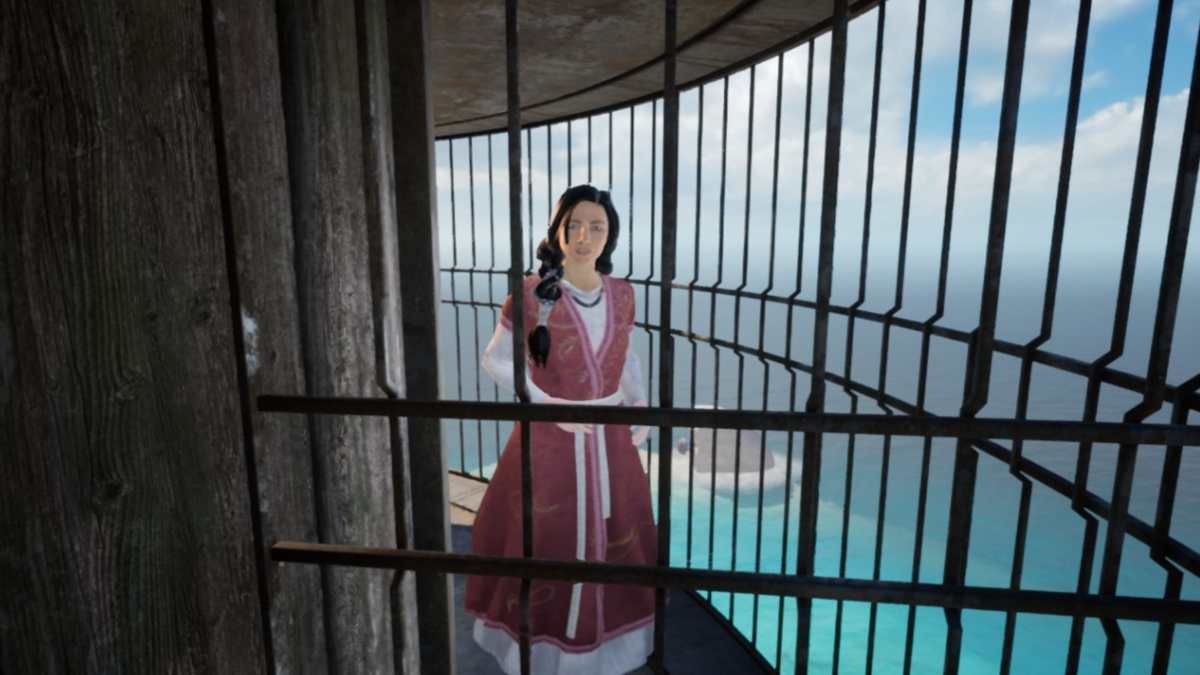 Speaking with Catherine on Prison Island in Riven