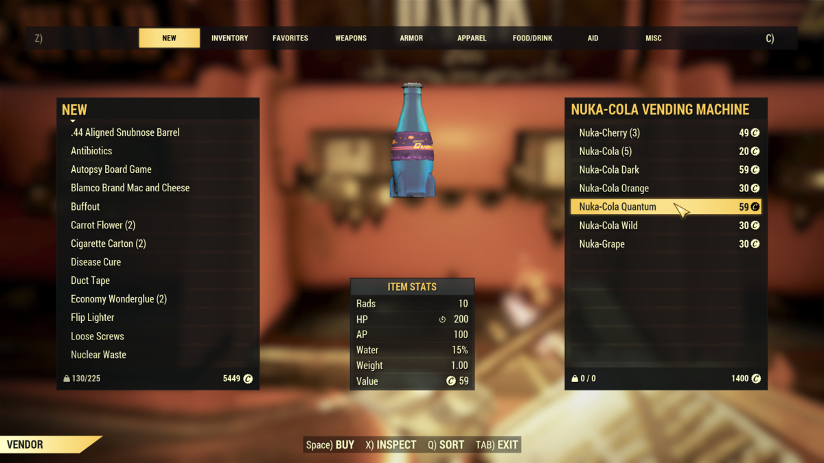 Buying a Nuka-Cola Quantum from the Nuka-Cola Vending Machine at Nuka-World on Tour in Fallout 76.