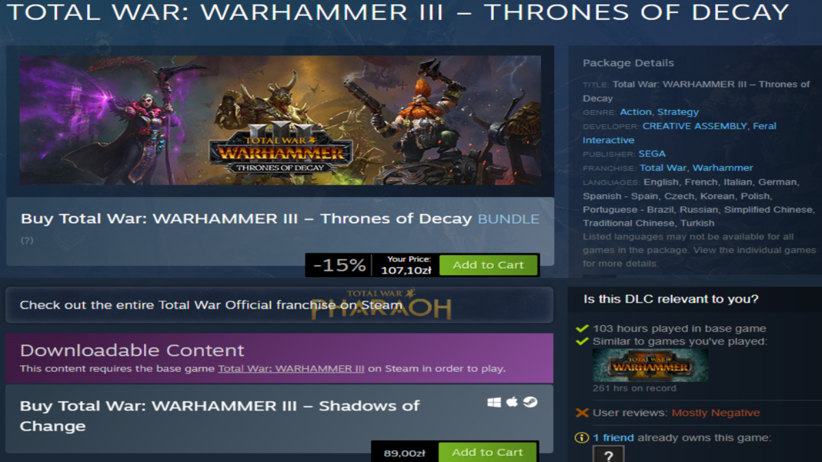 The Total War: Warhammer III - Thrones of Decay Steam store page