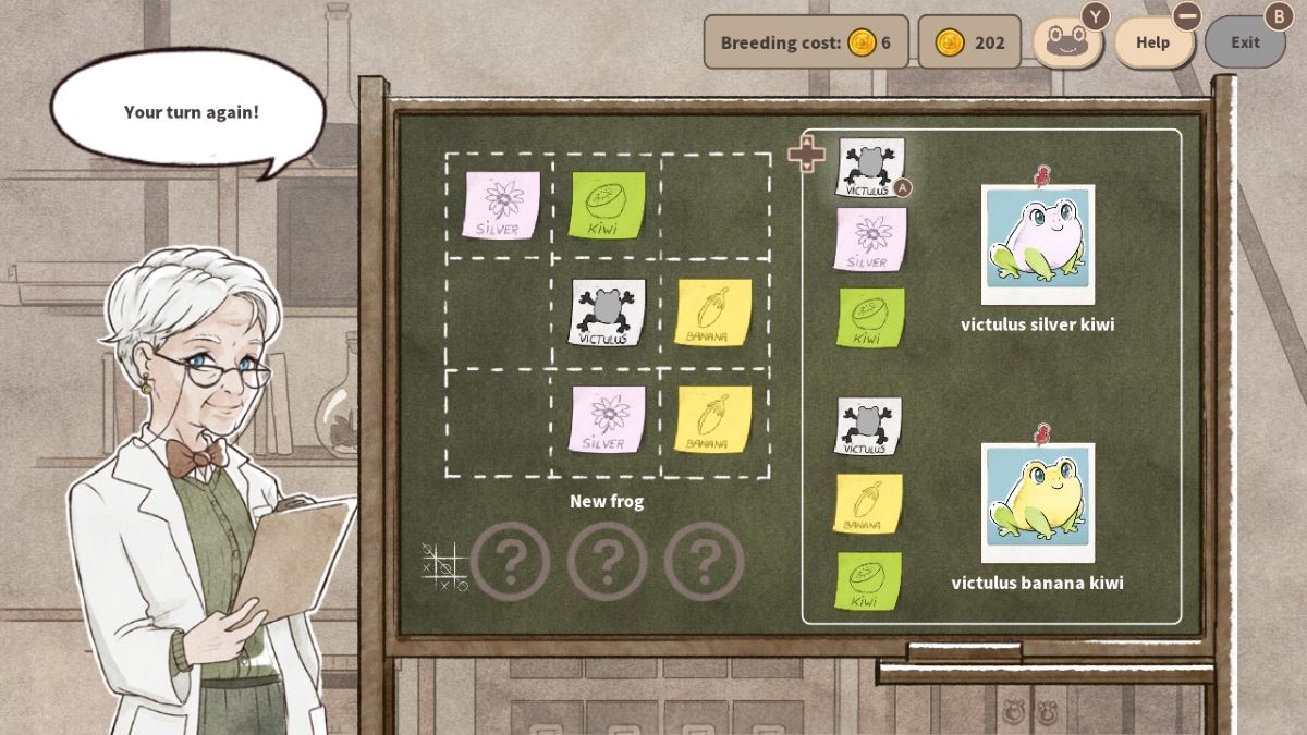 Player and Anabelle play the tic-tac-toe frog breeding program