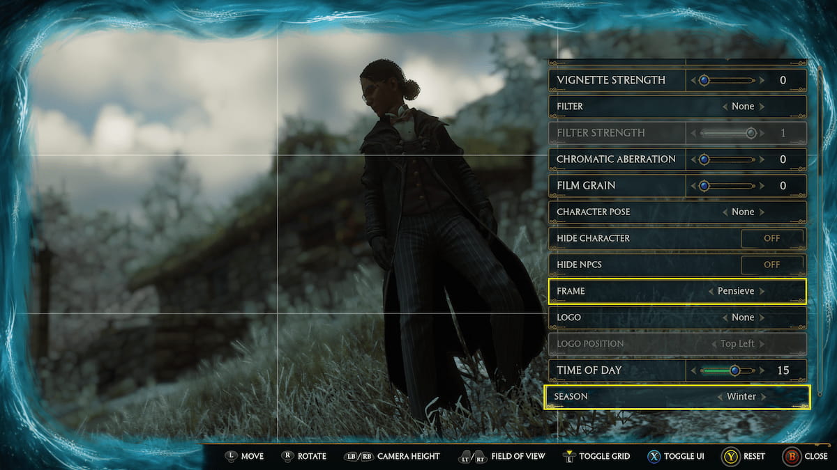 Hogwarts Legacy Photo Mode adding a frame and changing season