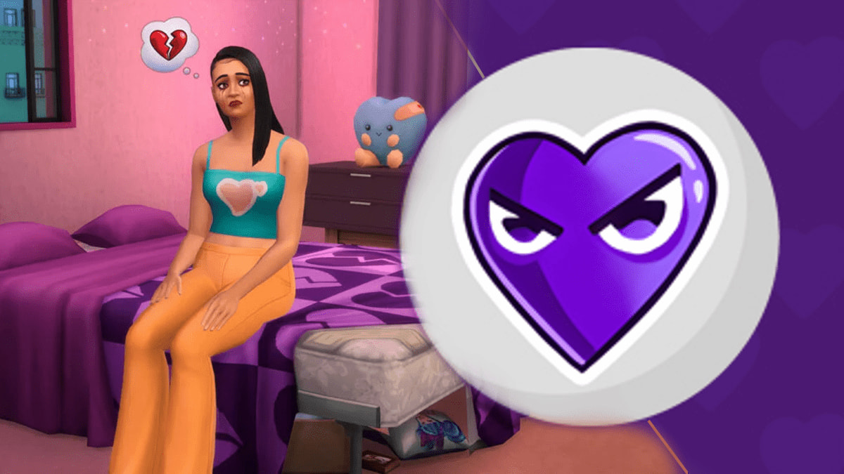 Sims 4 Lovestruck promo of sim heartbroken with wicked whims logo fading in