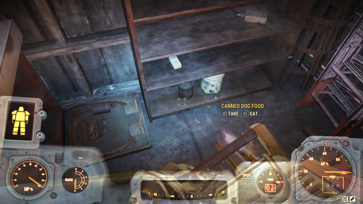 Looting canned dog food from Appalachian Antiques in Fallout 76.