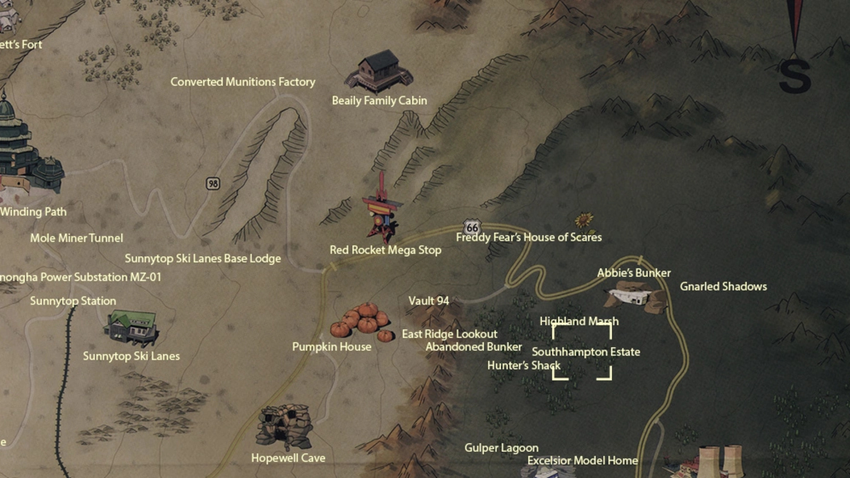 The location of Southhampton Estate marked on the map in Fallout 76.