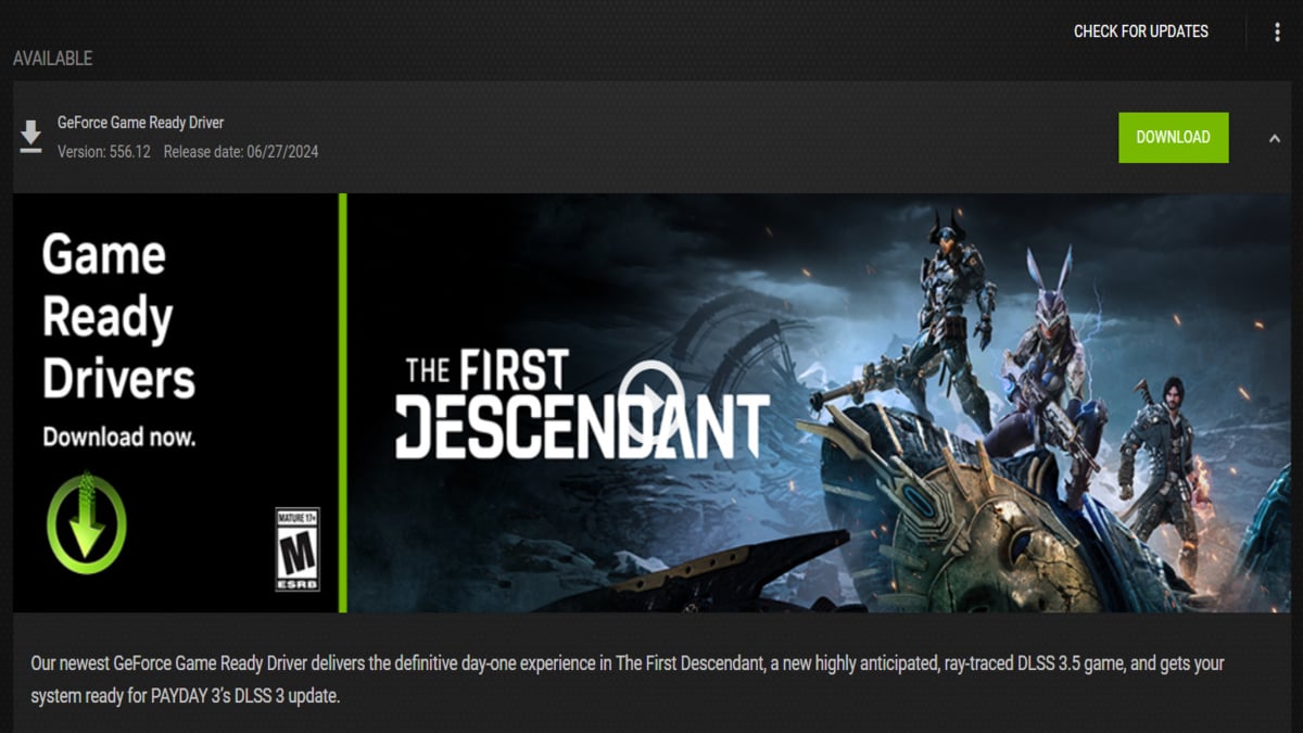 Downloading the game ready driver for The First Descendant