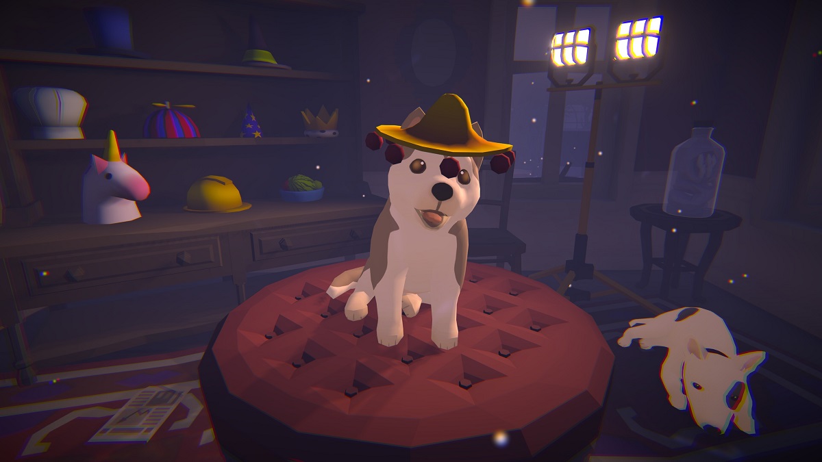 Dogs trying on fun hats in Haunted Paws