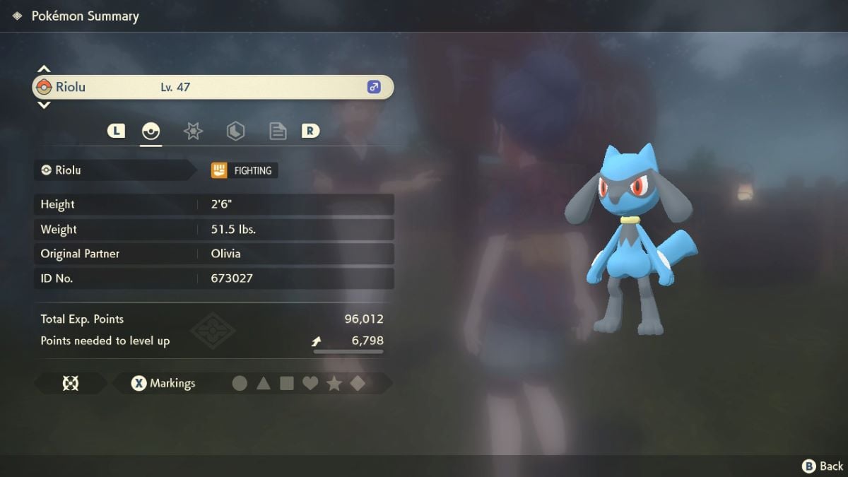 Riolu's summary in Pokemon Legends: Arceus