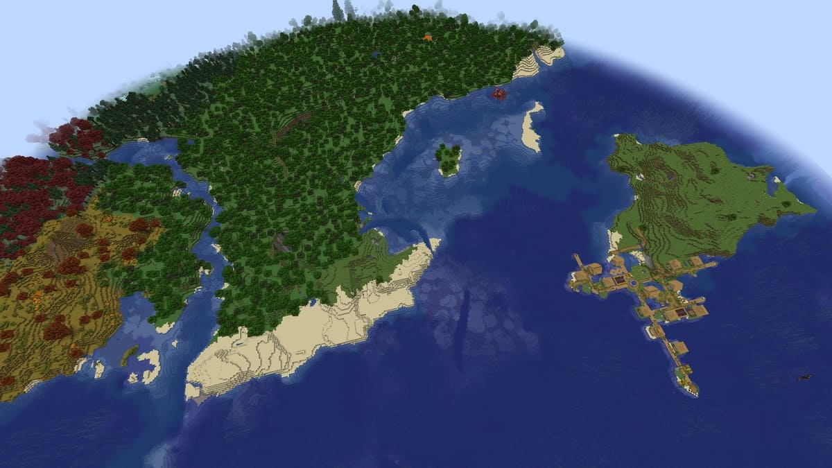 Maple woods and island village in Minecraft