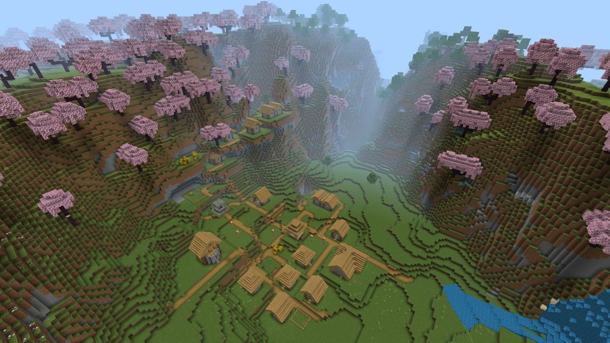 Cherry grove and village in Minecraft