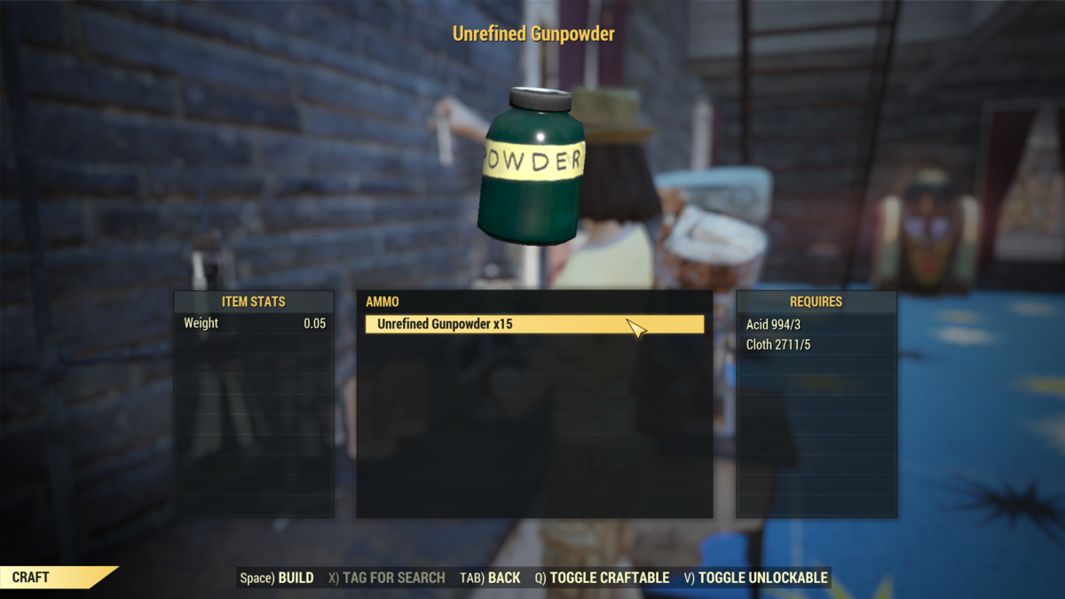 Crafting unrefined gunpowder at chemistry station in Fallout 76