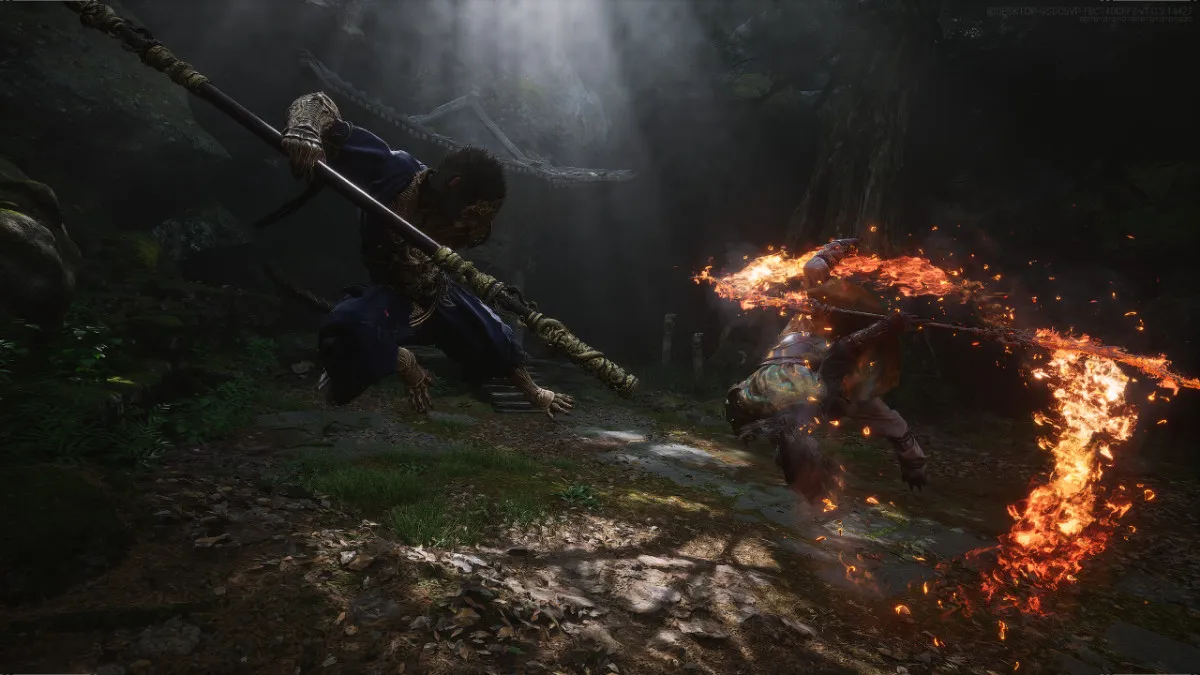 The protagonist of Black Myth Wukong fighting in a forest.