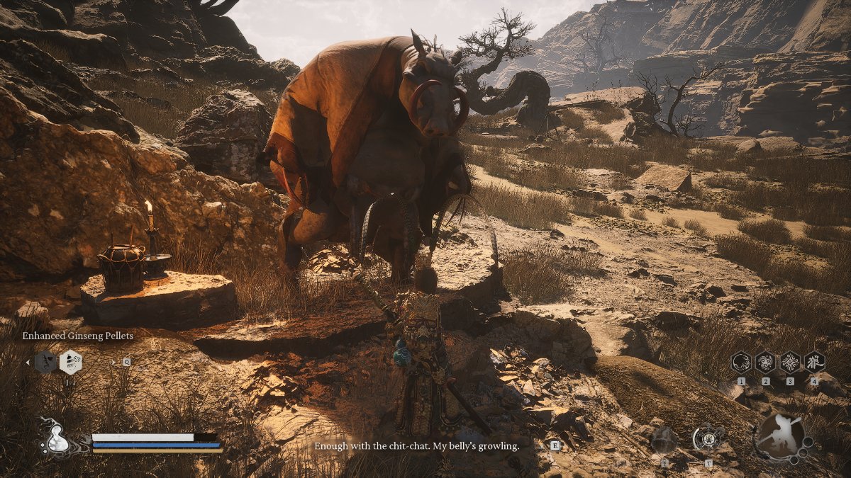 Talking to the drunk boar in Black Myth: Wukong surrounded by desert.